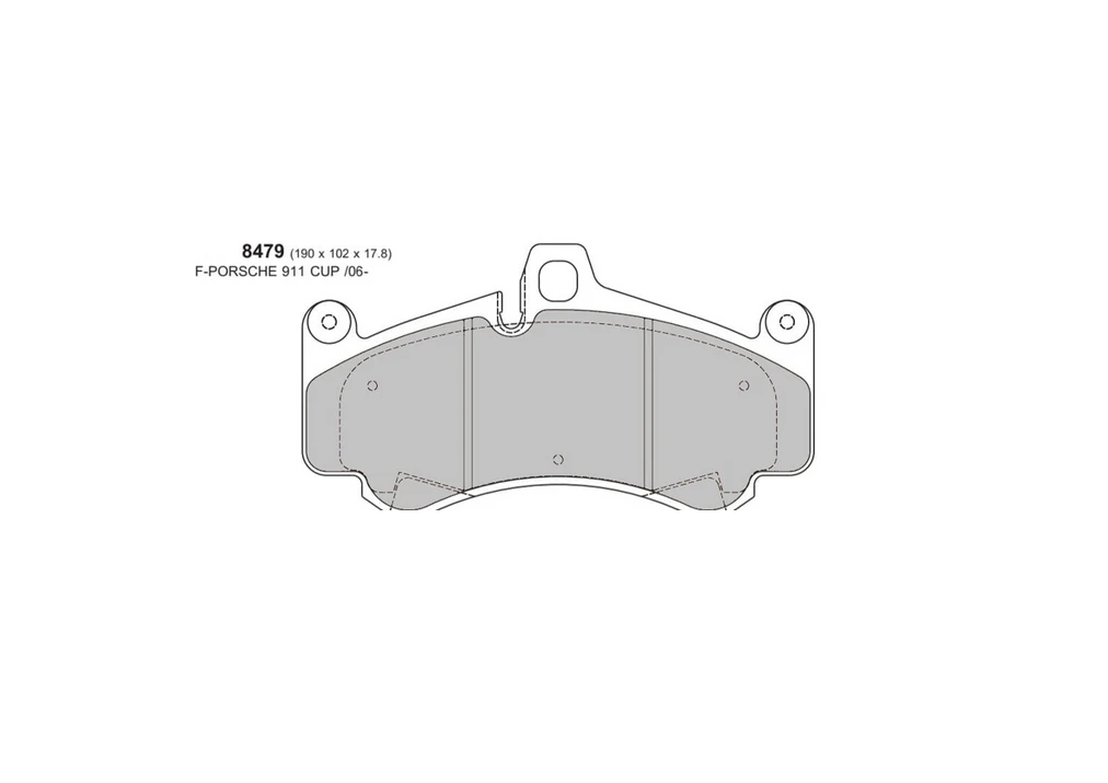 Technical drawing of a brake pad with mounting holes and friction surface, labeled 8479.